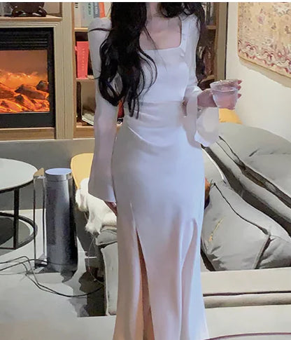 Off-Shoulder Satin Dress with Square Collar for Women