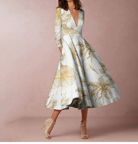 V-neck Long-sleeved Dress for Women