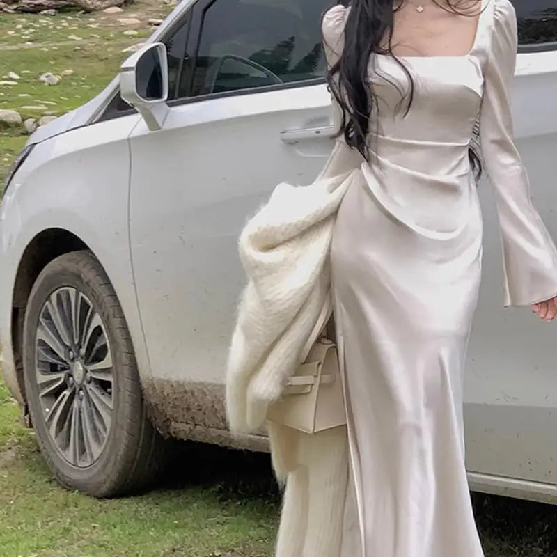 Off-Shoulder Satin Dress with Square Collar for Women