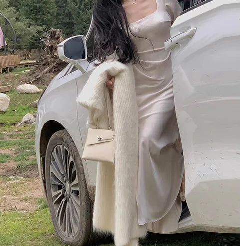 Off-Shoulder Satin Dress with Square Collar for Women