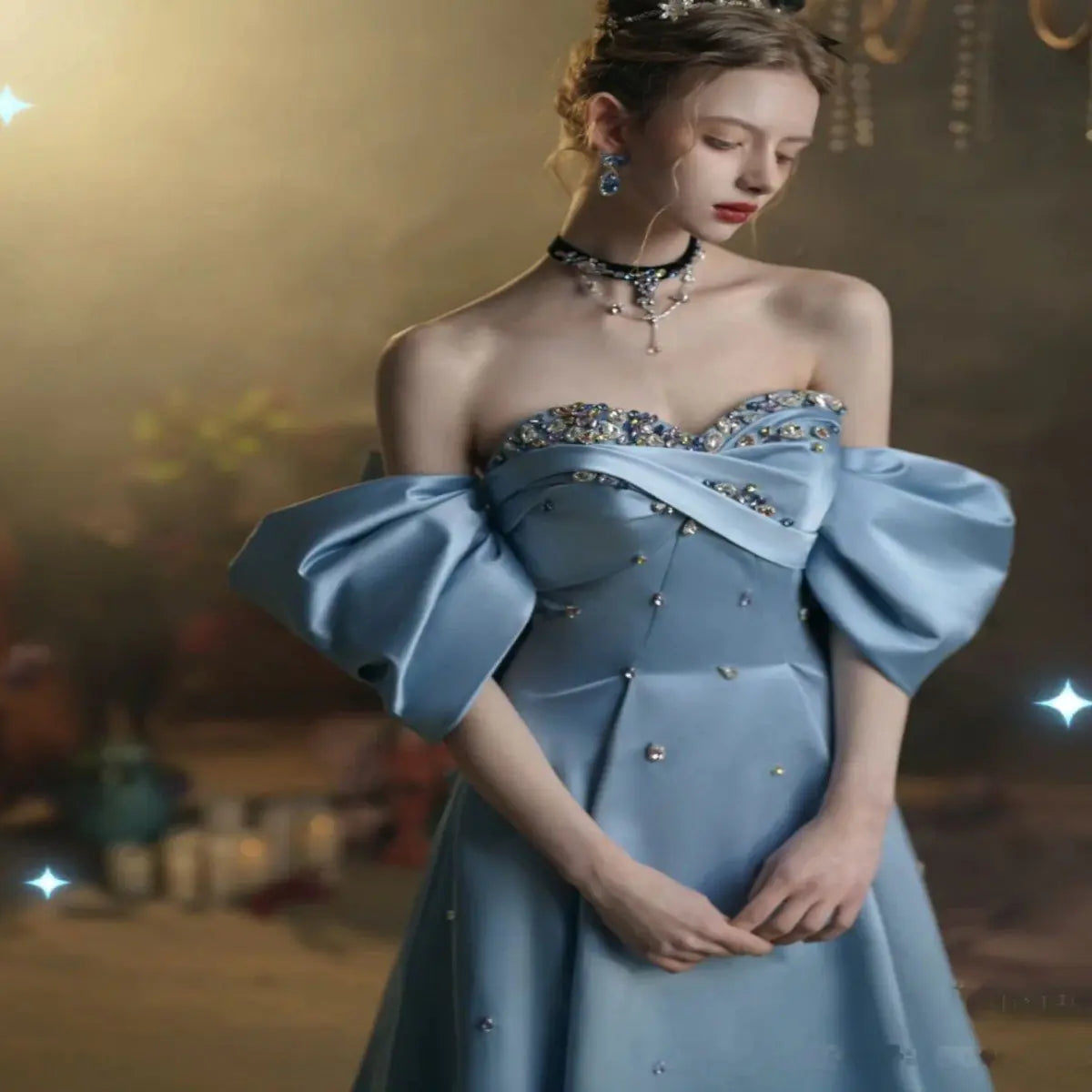 Satin Blue Off-Shoulder Dress with Beading Details