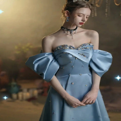 Satin Blue Off-Shoulder Dress with Beading Details