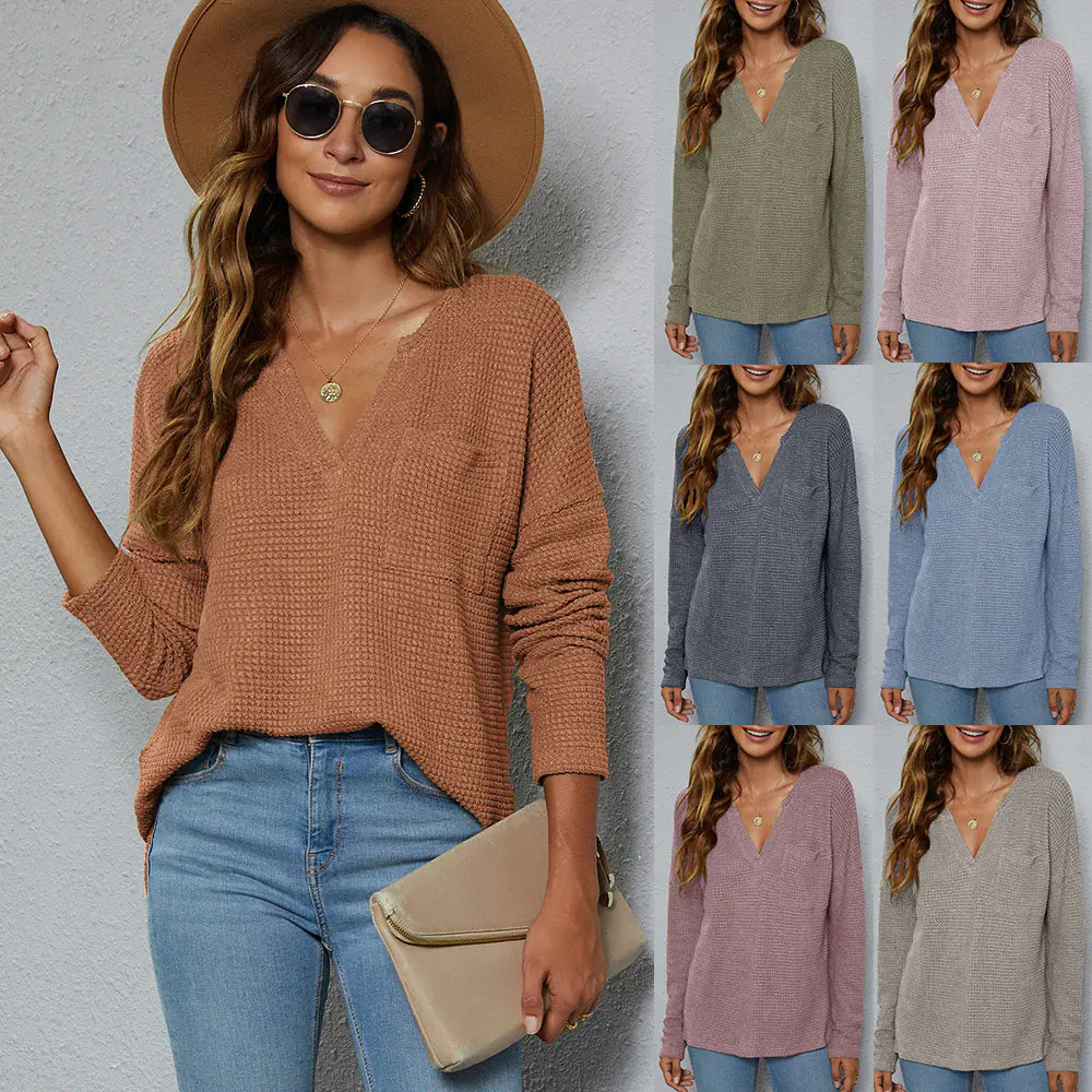 Casual V-neck Long-sleeved Knitted Sweater for Women