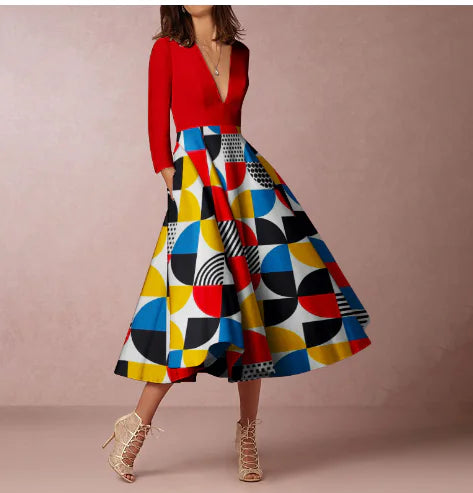 V-neck Long-sleeved Dress for Women