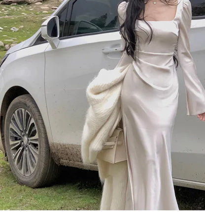 Off-Shoulder Satin Dress with Square Collar for Women