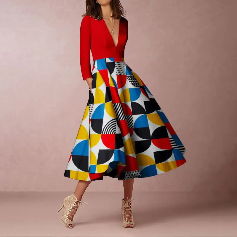 V-neck Long-sleeved Dress for Women